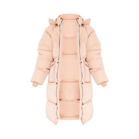 New Small $98 Longline Oversized Puffer Coat 2 Petite Khaki Tan Winter Jacket - Picture 2 of 5